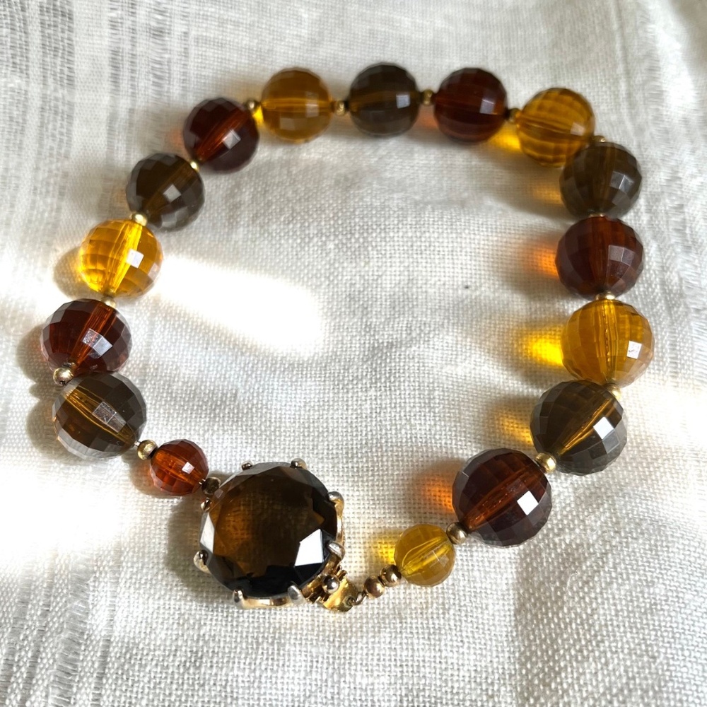 Vintage Brown Shades Faceted Acrylic Beaded Gold Metal Choker, Collar Necklace